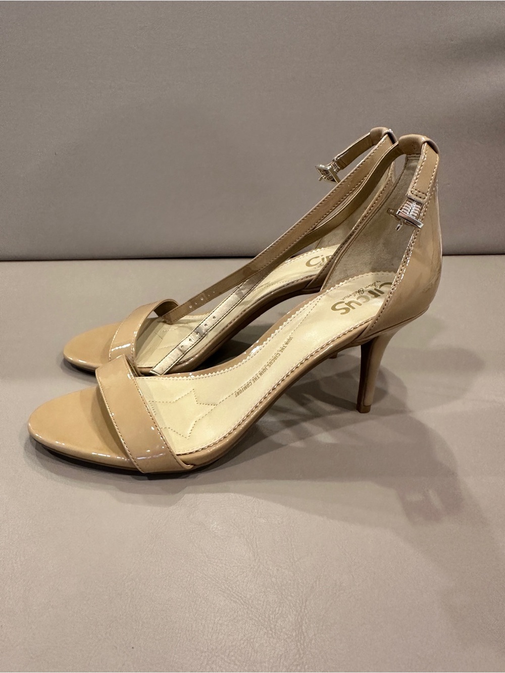 Circus by Sam Edelman Beige Patent Ankle-Strap Stiletto Heels